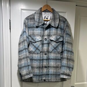 Topshop Women's Plaid Shacket Jacket - Light Blue & Gray